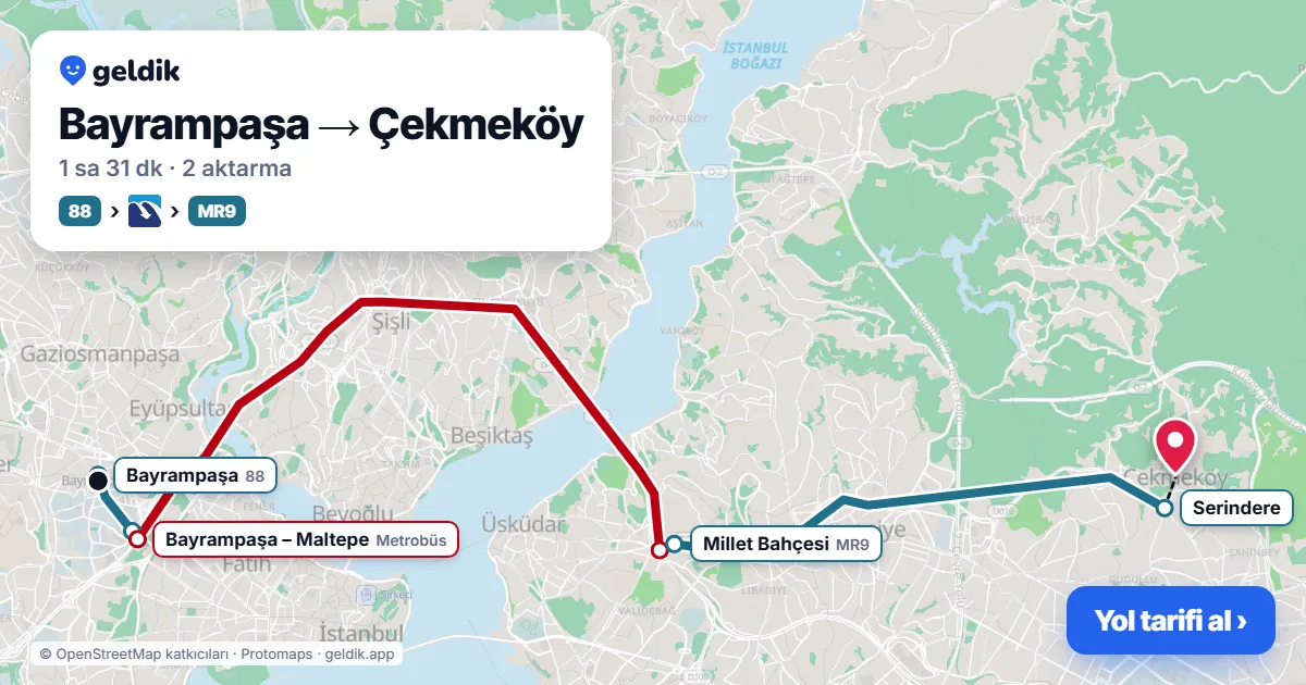 Bayrampaşa – Çekmeköy yol haritası: 88 otobüsü → Metrobüs → MR9 otobüsü ile ~1 sa 31 dk
