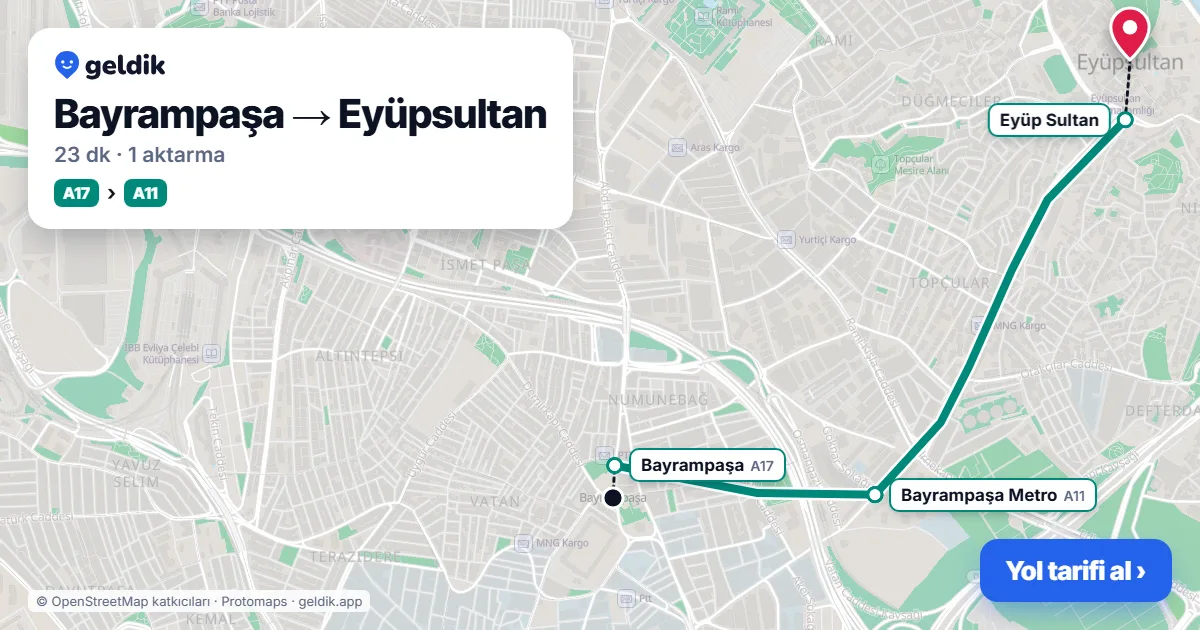 Bayrampaşa – Eyüpsultan yol haritası: A17 minibüsü → A11 minibüsü ile ~23 dk