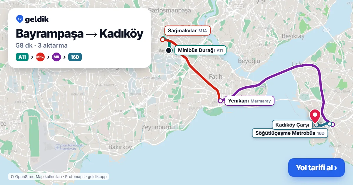 Bayrampaşa – Kadıköy yol haritası: A11 minibüsü → M1A → Marmaray → 16D otobüsü ile ~58 dk