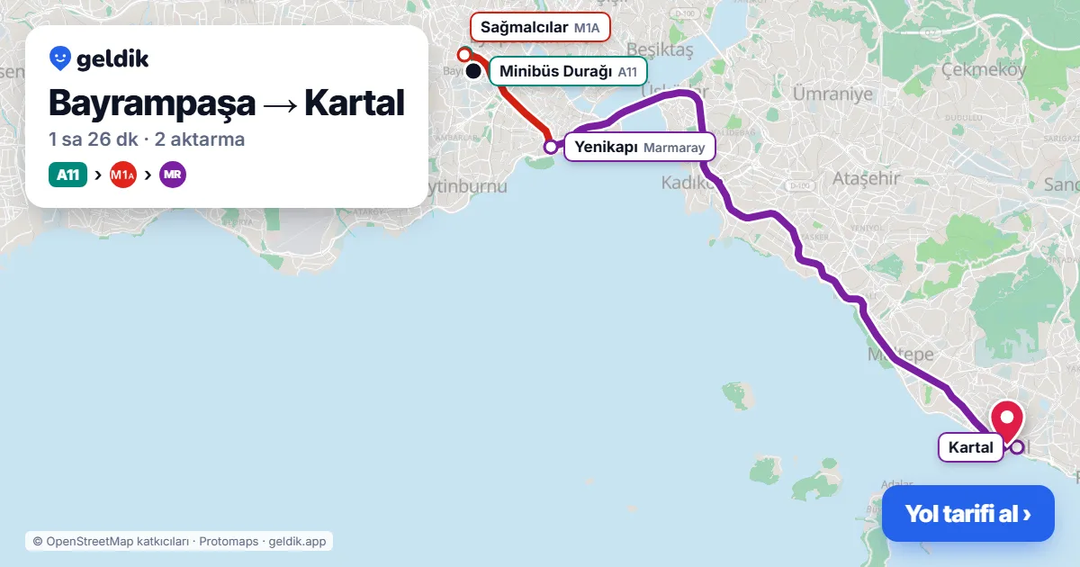 Bayrampaşa – Kartal yol haritası: A11 minibüsü → M1A → Marmaray ile ~1 sa 26 dk