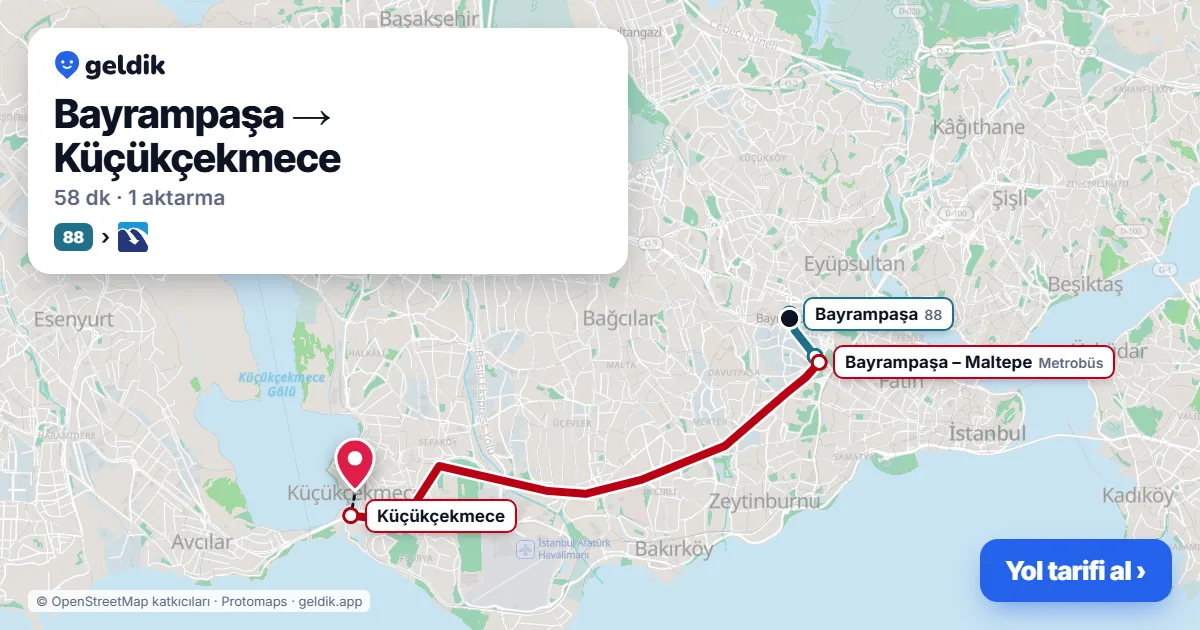 Bayrampaşa – Küçükçekmece yol haritası: 88 otobüsü → Metrobüs ile ~58 dk