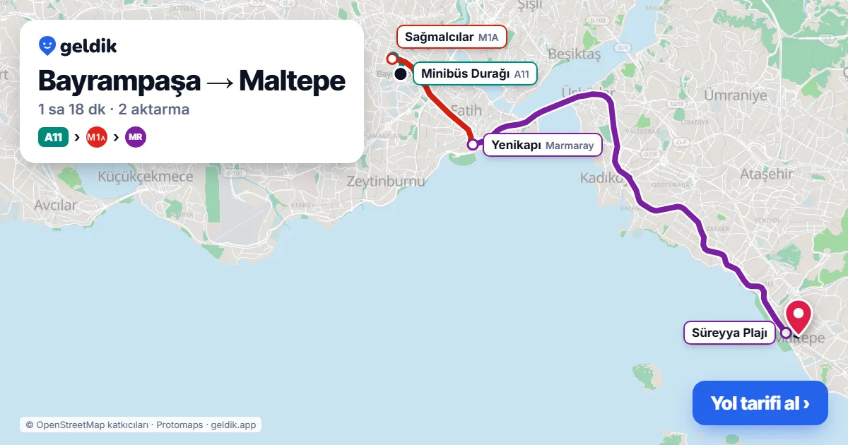 Bayrampaşa – Maltepe yol haritası: A11 minibüsü → M1A → Marmaray ile ~1 sa 18 dk