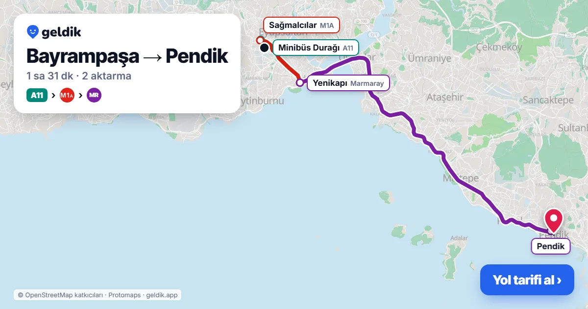Bayrampaşa – Pendik yol haritası: A11 minibüsü → M1A → Marmaray ile ~1 sa 31 dk