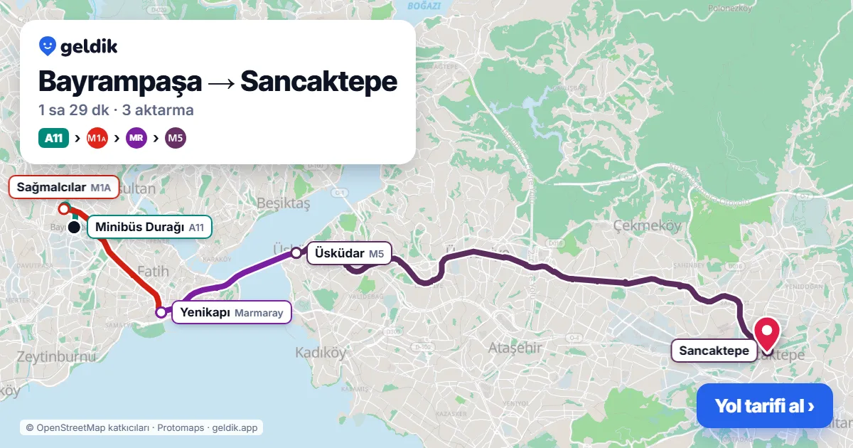 Bayrampaşa – Sancaktepe yol haritası: A11 minibüsü → M1A → Marmaray → M5 ile ~1 sa 29 dk