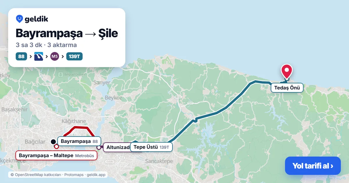 Bayrampaşa – Şile yol haritası: 88 otobüsü → Metrobüs → M5 → 139T otobüsü ile ~3 sa 3 dk