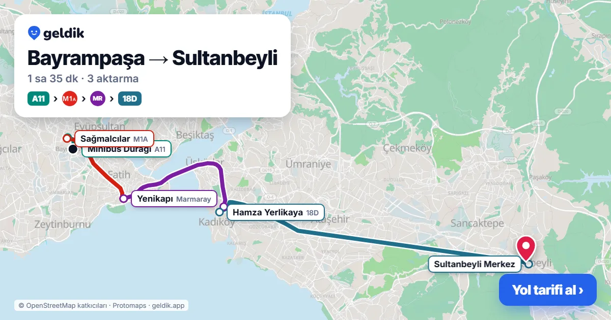 Bayrampaşa – Sultanbeyli yol haritası: A11 minibüsü → M1A → Marmaray → 18D otobüsü ile ~1 sa 35 dk