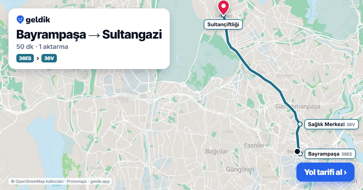 Bayrampaşa – Sultangazi yol haritası: 36ES otobüsü → 36V otobüsü ile ~50 dk