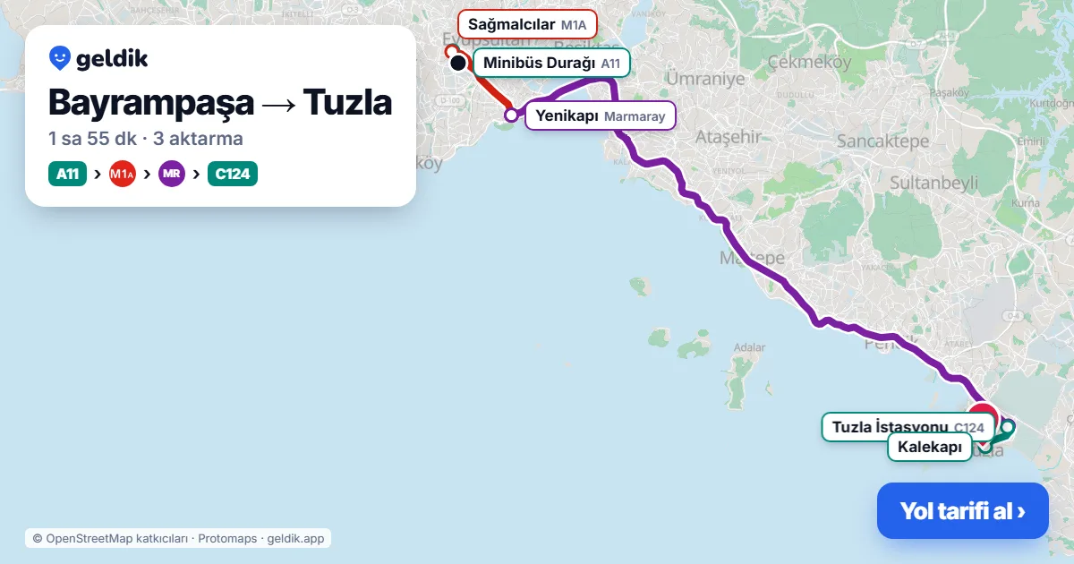 Bayrampaşa – Tuzla yol haritası: A11 minibüsü → M1A → Marmaray → C124 minibüsü ile ~1 sa 55 dk