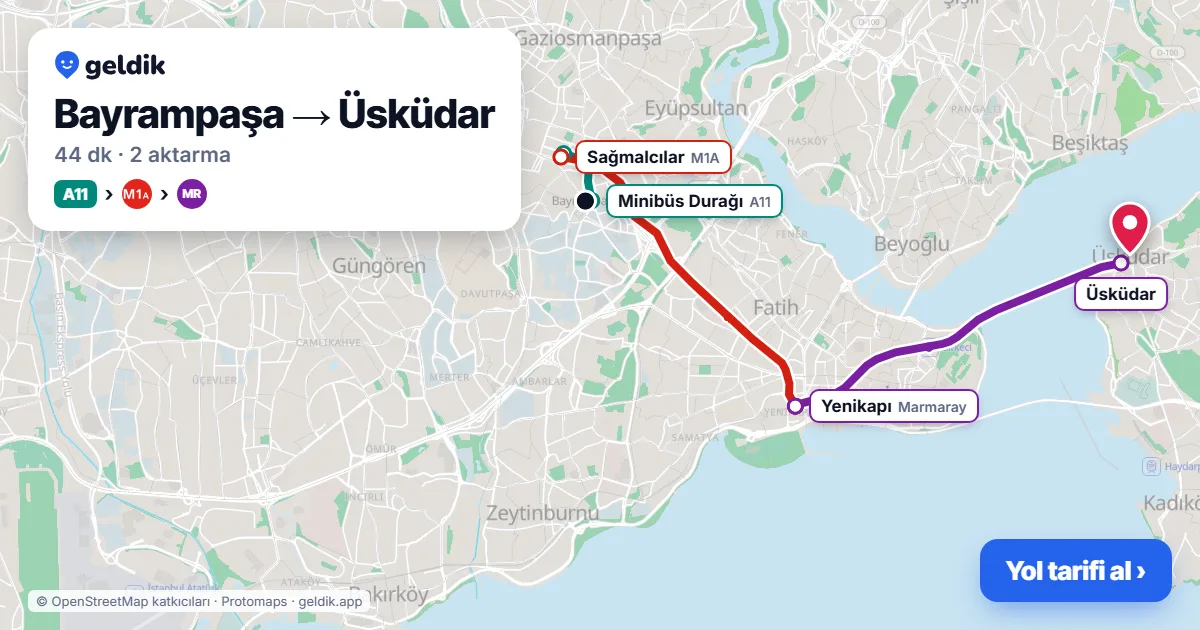 Bayrampaşa – Üsküdar yol haritası: A11 minibüsü → M1A → Marmaray ile ~44 dk