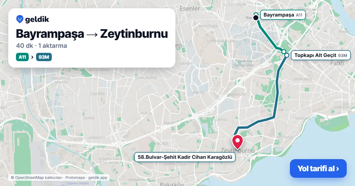 Bayrampaşa – Zeytinburnu yol haritası: 88 otobüsü → 93T otobüsü ile ~45 dk