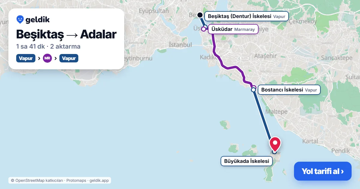 Beşiktaş – Adalar yol haritası: vapur → Marmaray → vapur ile ~1 sa 41 dk