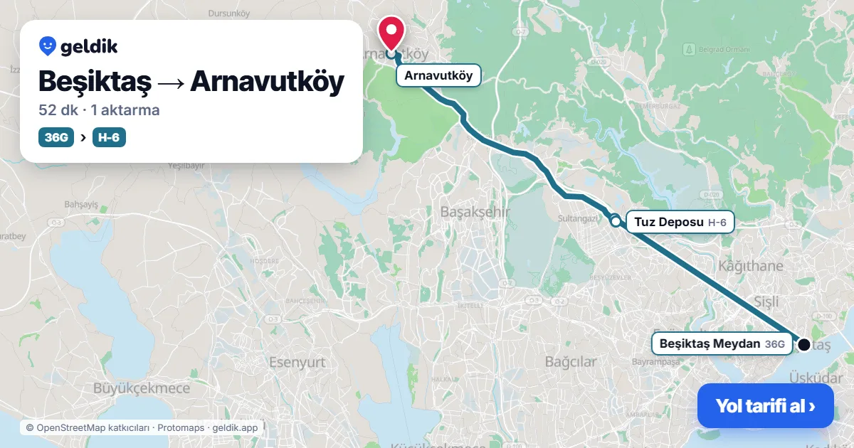 Beşiktaş – Arnavutköy yol haritası: 36G otobüsü → H-6 otobüsü ile ~47 dk