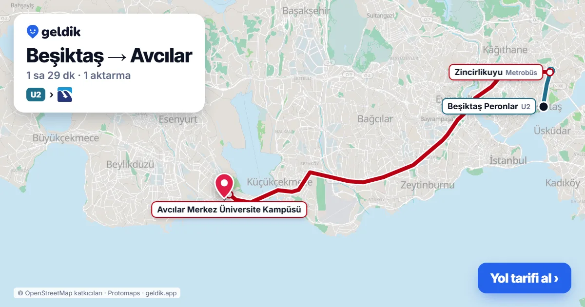 Beşiktaş – Avcılar yol haritası: 29D otobüsü → Metrobüs ile ~1 sa 28 dk