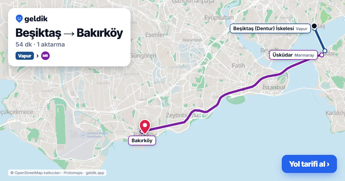 Beşiktaş – Bakırköy yol haritası: vapur → Marmaray ile ~54 dk