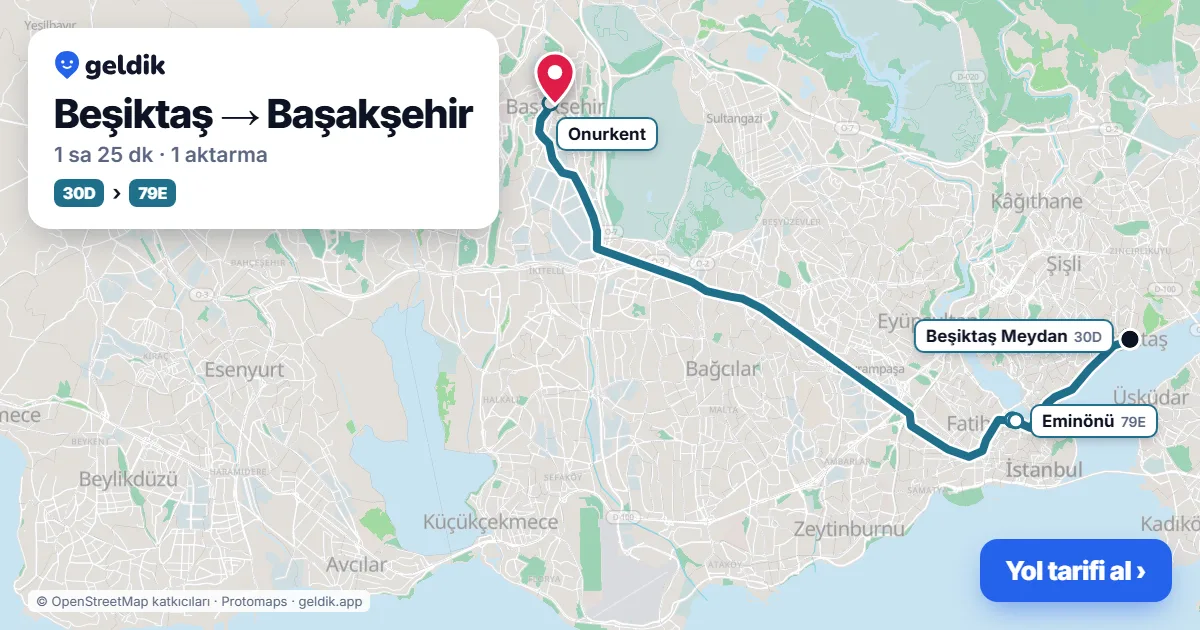 Beşiktaş – Başakşehir yol haritası: 30D otobüsü → 79E otobüsü ile ~1 sa 25 dk