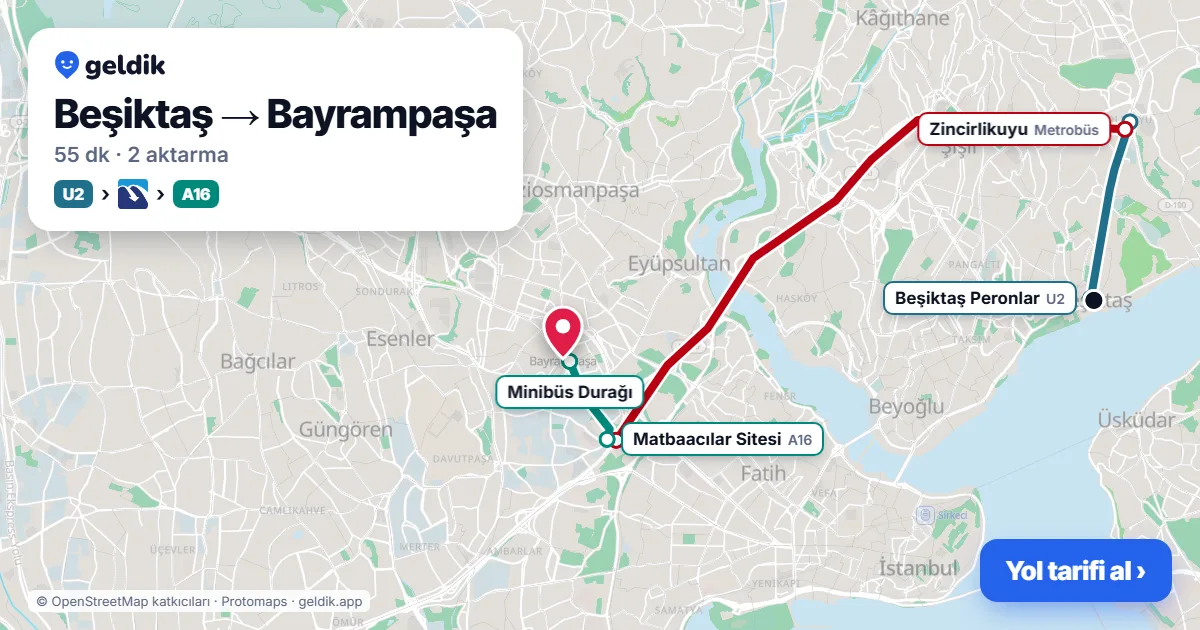 Beşiktaş – Bayrampaşa yol haritası: 29D otobüsü → Metrobüs → A16 minibüsü ile ~54 dk