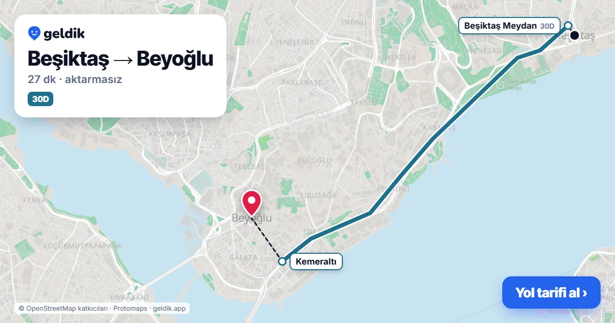 Beşiktaş – Beyoğlu yol haritası: 30D otobüsü ile ~28 dk