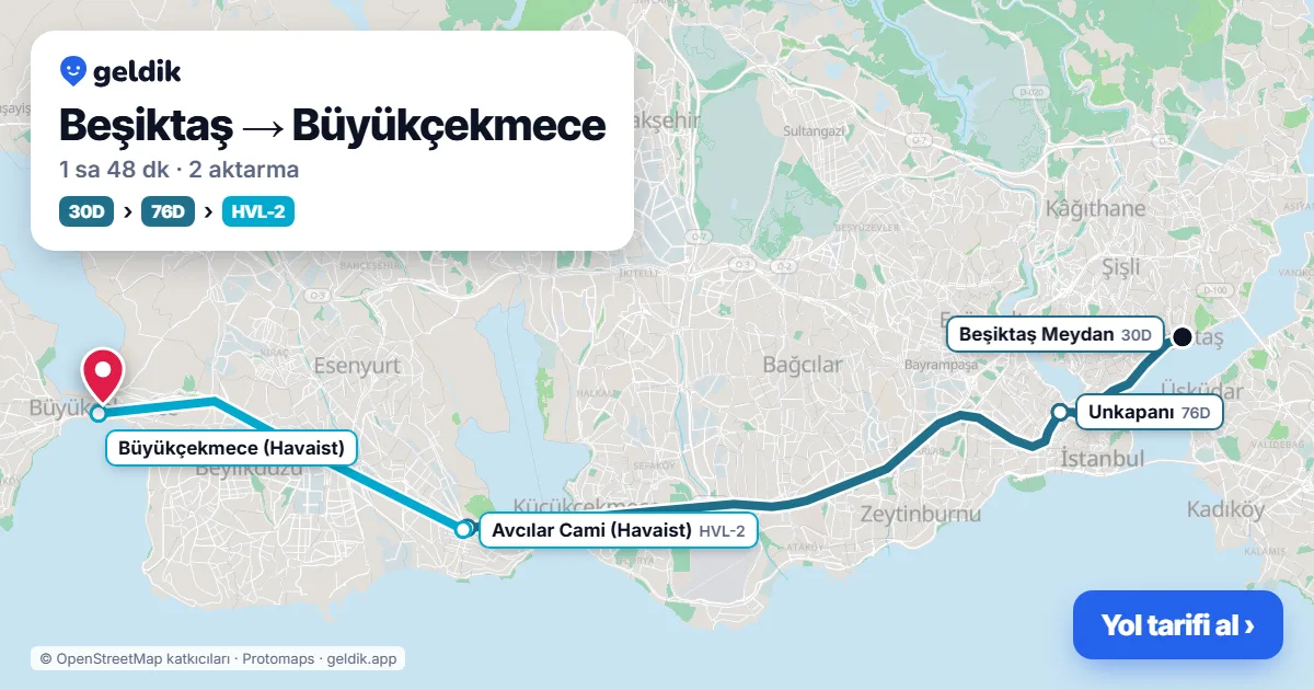 Beşiktaş – Büyükçekmece yol haritası: 29D otobüsü → Metrobüs → Havaist HVL-2 otobüsü ile ~1 sa 46 dk