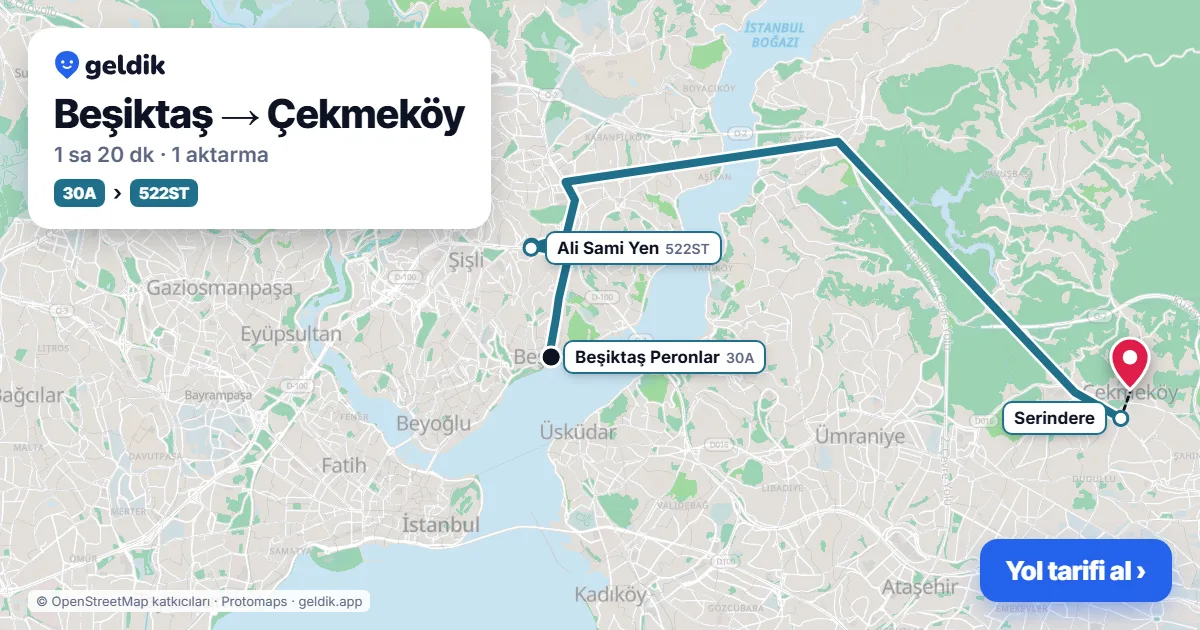 Beşiktaş – Çekmeköy yol haritası: 30A otobüsü → 522ST otobüsü ile ~1 sa 20 dk