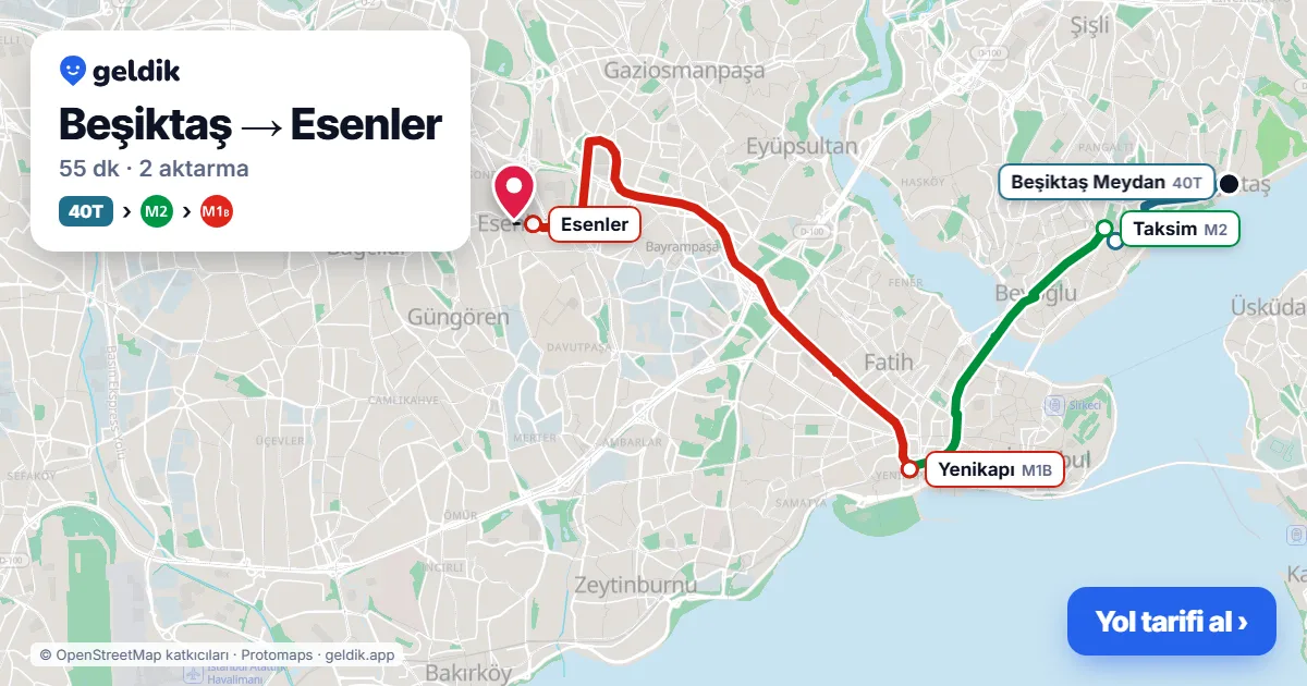 Beşiktaş – Esenler yol haritası: 40T otobüsü → M2 → M1B ile ~55 dk