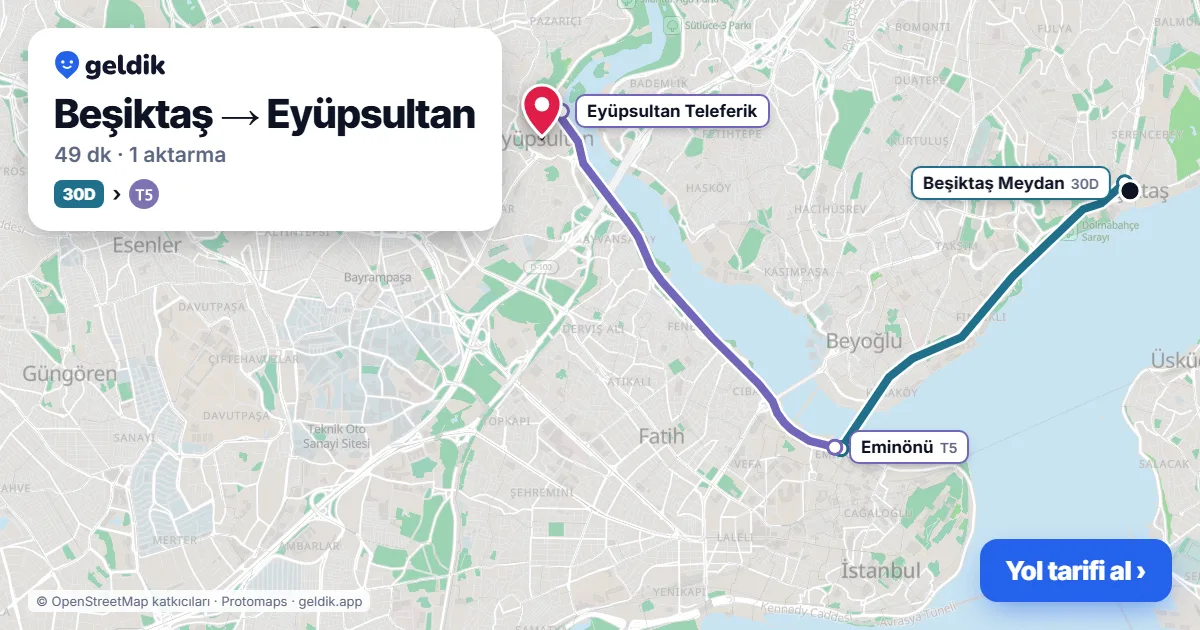 Beşiktaş – Eyüpsultan yol haritası: 30D otobüsü → T5 ile ~49 dk