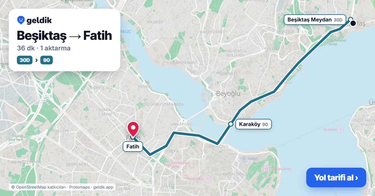 Beşiktaş – Fatih yol haritası: 30D otobüsü → 90 otobüsü ile ~34 dk