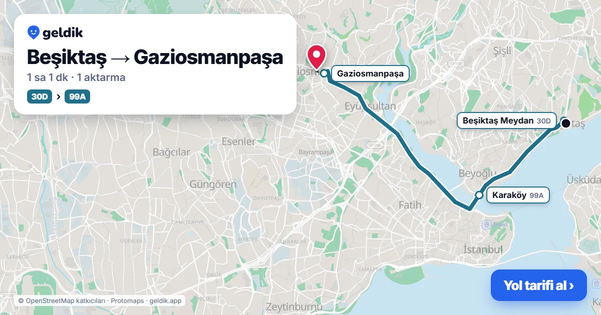 Beşiktaş – Gaziosmanpaşa yol haritası: 30D otobüsü → 99A otobüsü ile ~1 sa 1 dk