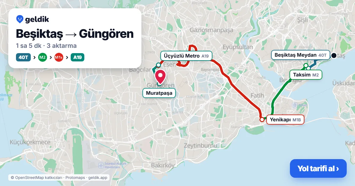 Beşiktaş – Güngören yol haritası: 40T otobüsü → M2 → M1B → A19 minibüsü ile ~1 sa 5 dk