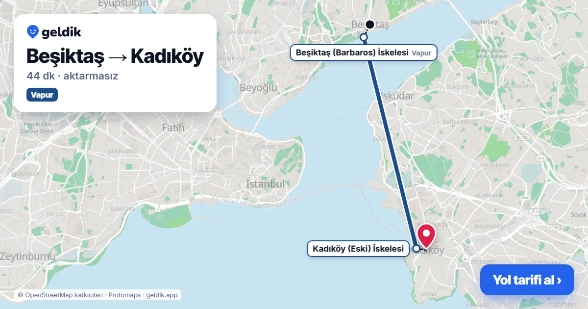 Beşiktaş – Kadıköy yol haritası: vapur ile ~44 dk