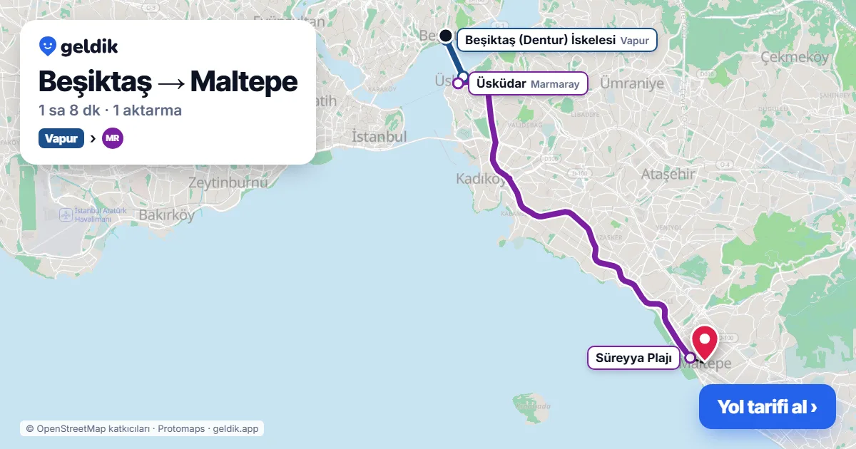 Beşiktaş – Maltepe yol haritası: vapur → Marmaray ile ~1 sa 8 dk