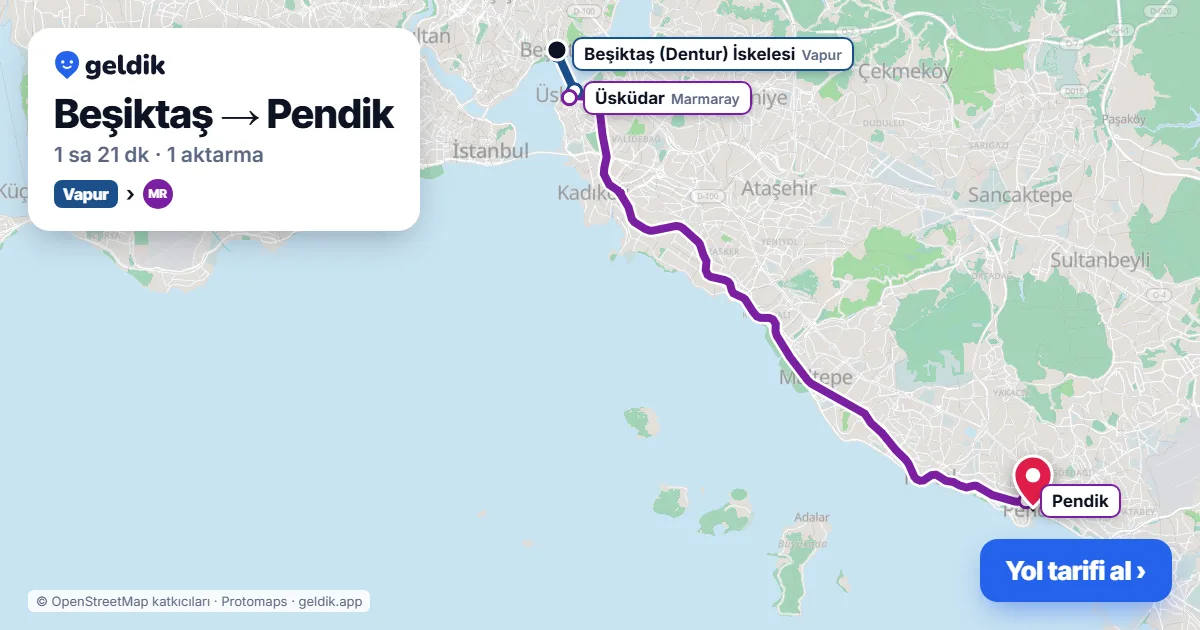 Beşiktaş – Pendik yol haritası: vapur → Marmaray ile ~1 sa 21 dk