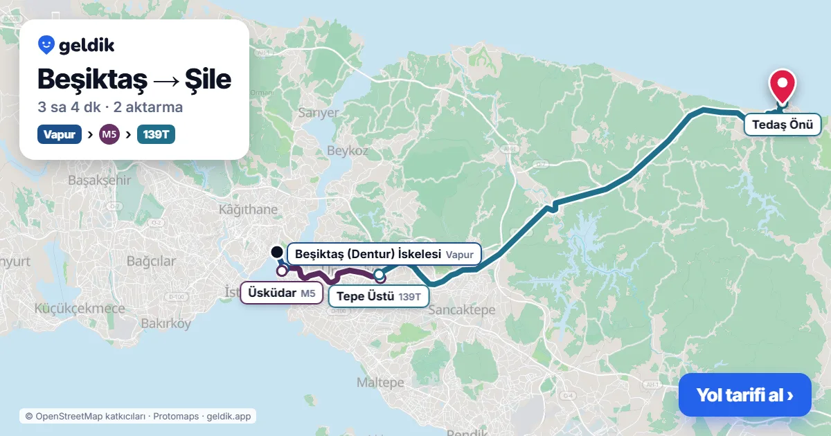 Beşiktaş – Şile yol haritası: vapur → M5 → 139T otobüsü ile ~3 sa 4 dk
