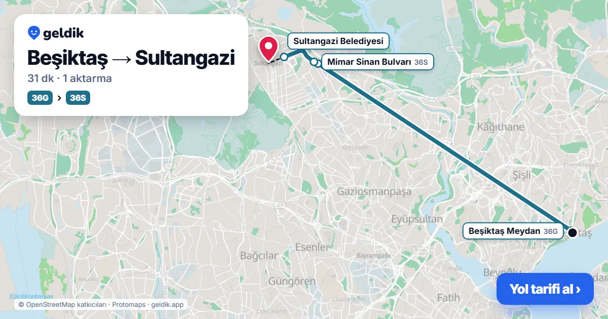 Beşiktaş – Sultangazi yol haritası: 36G otobüsü → 36ES otobüsü ile ~31 dk