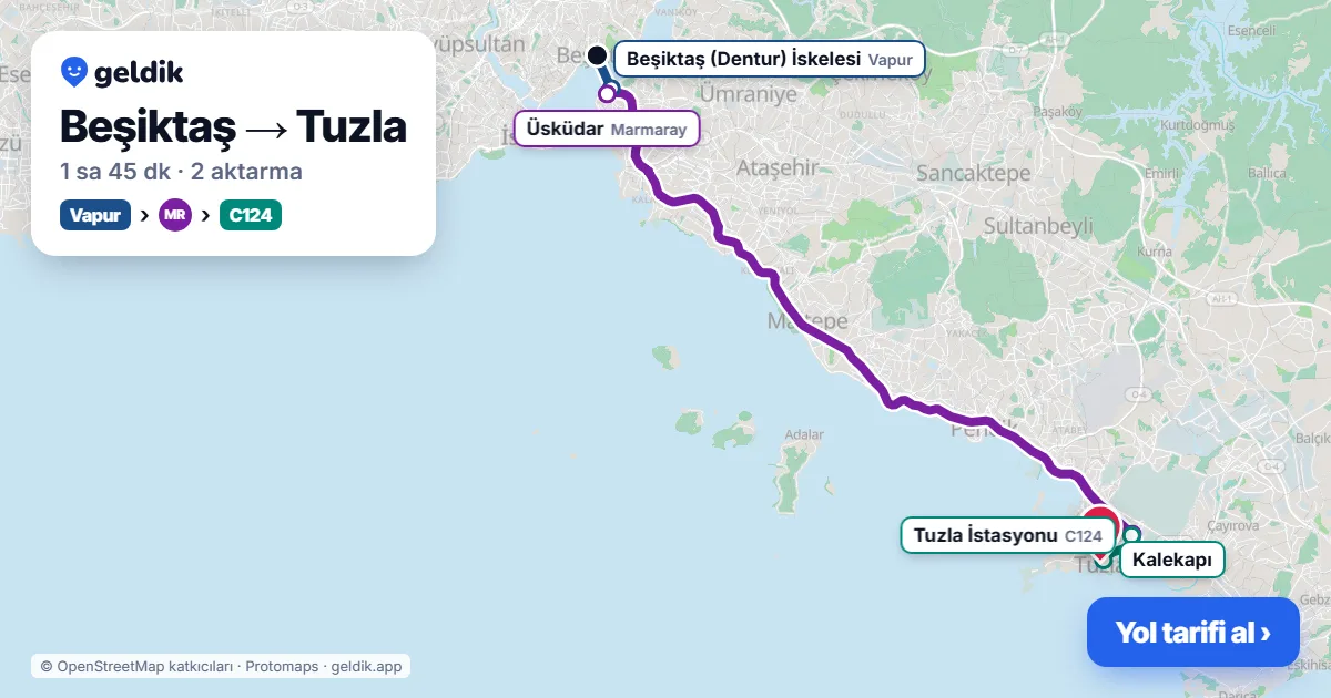 Beşiktaş – Tuzla yol haritası: vapur → Marmaray → C124 minibüsü ile ~1 sa 45 dk