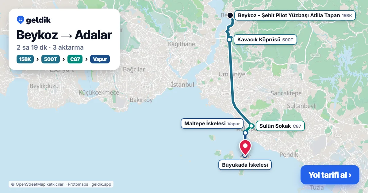 Beykoz – Adalar yol haritası: 15BK otobüsü → 500T otobüsü → C87 minibüsü → vapur ile ~2 sa 19 dk