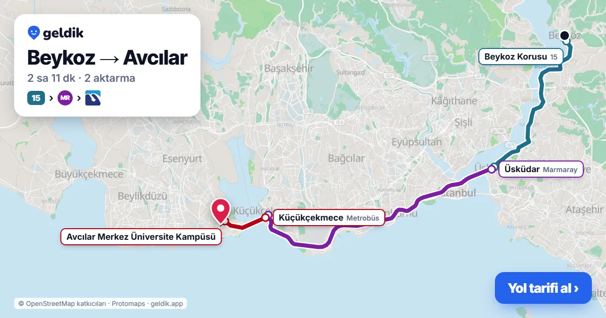 Beykoz – Avcılar yol haritası: 15 otobüsü → Marmaray → Metrobüs ile ~2 sa 14 dk