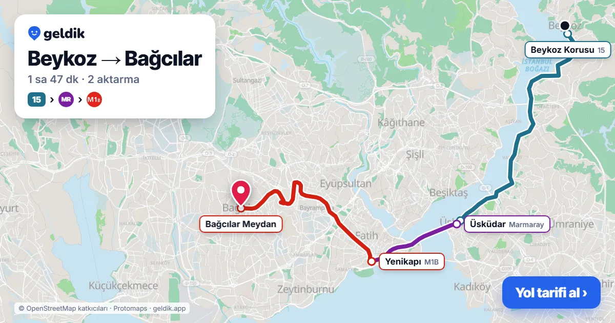 Beykoz – Bağcılar yol haritası: 15 otobüsü → Marmaray → M1B ile ~1 sa 47 dk