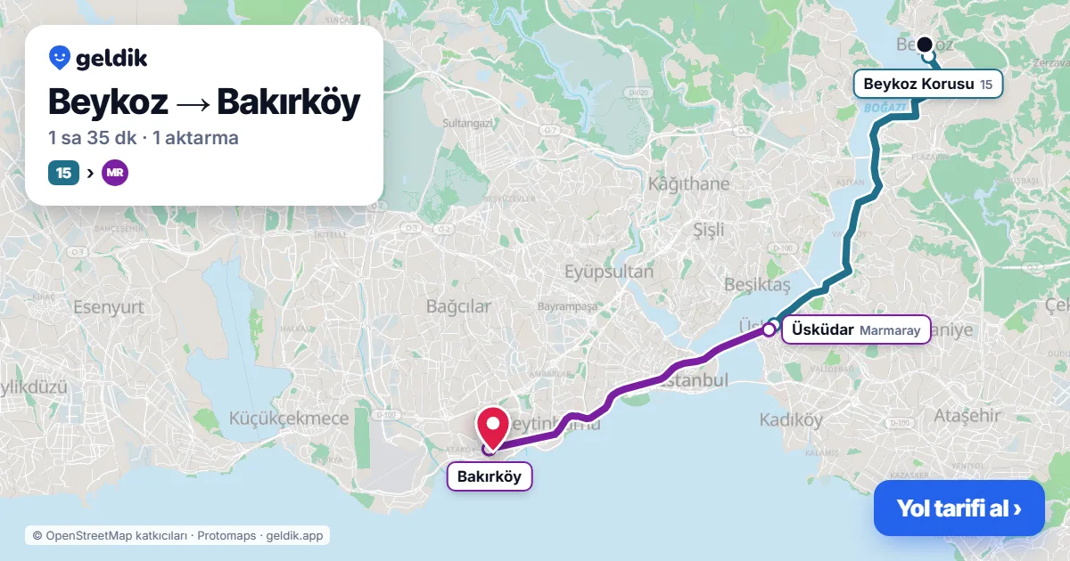 Beykoz – Bakırköy yol haritası: 15 otobüsü → Marmaray ile ~1 sa 38 dk