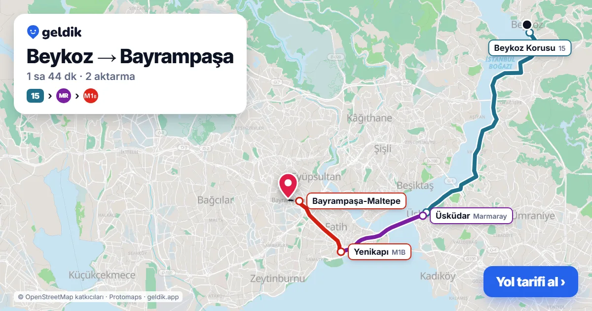 Beykoz – Bayrampaşa yol haritası: 15 otobüsü → Marmaray → M1B ile ~1 sa 44 dk