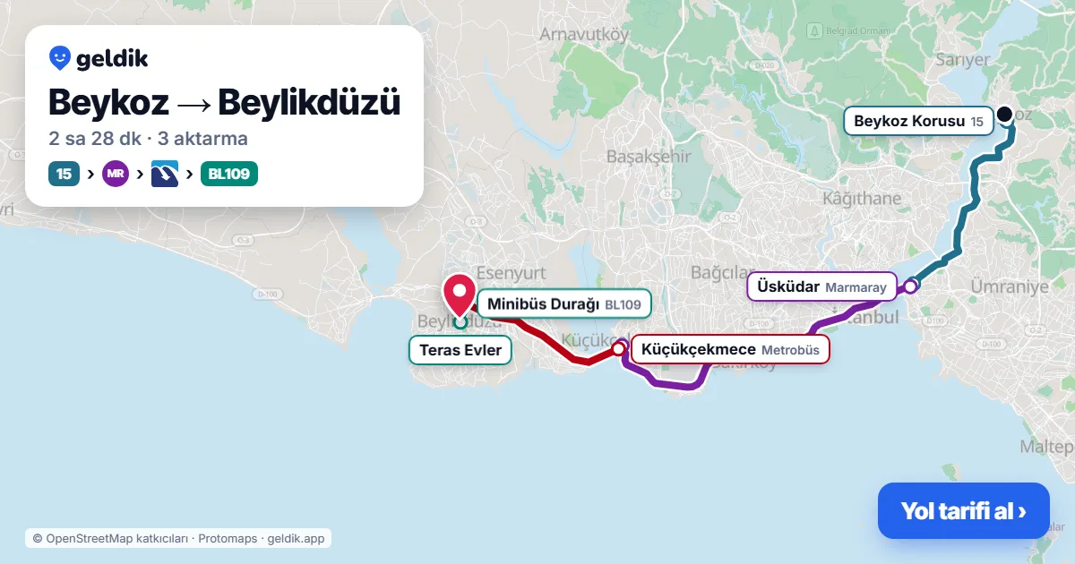 Beykoz – Beylikdüzü yol haritası: 15 otobüsü → Marmaray → Metrobüs → BL109 minibüsü ile ~2 sa 30 dk