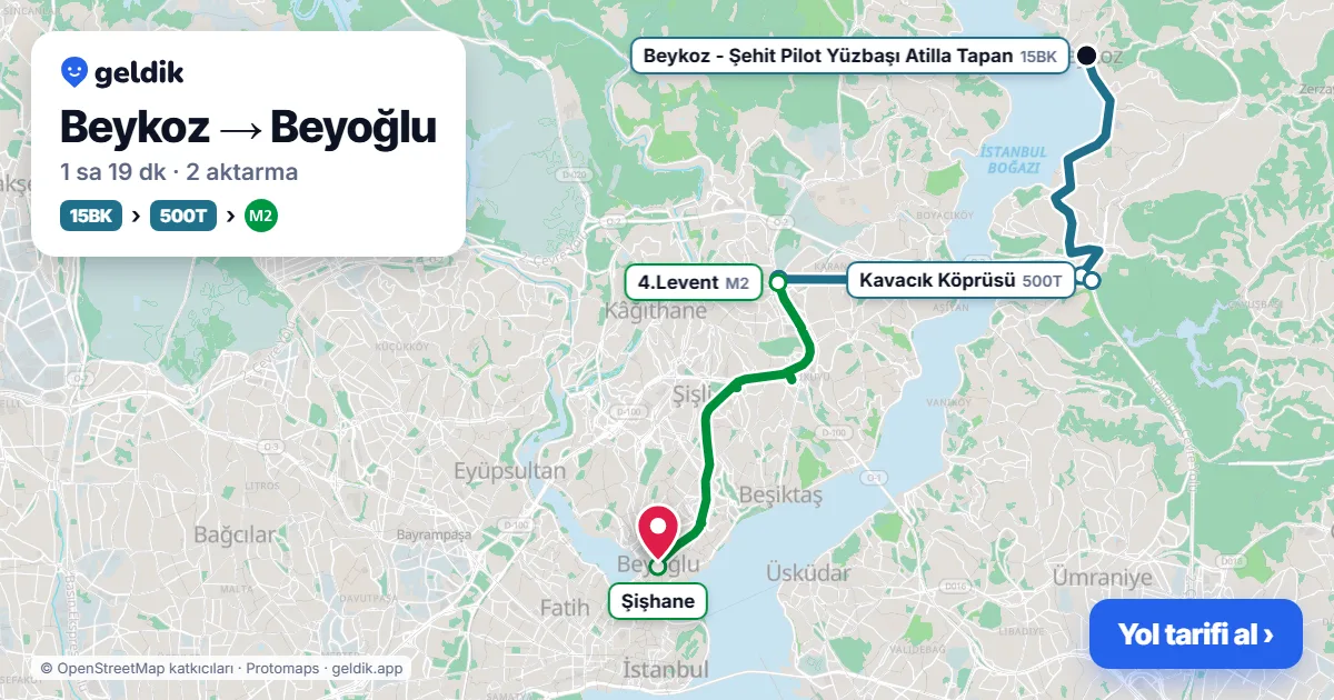 Beykoz – Beyoğlu yol haritası: 15BK otobüsü → 500T otobüsü → M2 ile ~1 sa 12 dk