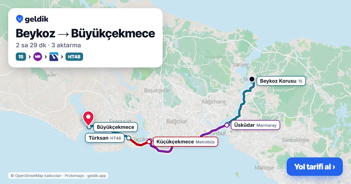 Beykoz – Büyükçekmece yol haritası: 15 otobüsü → Marmaray → 145 otobüsü → Havaist HVL-2 otobüsü ile ~2 sa 36 dk