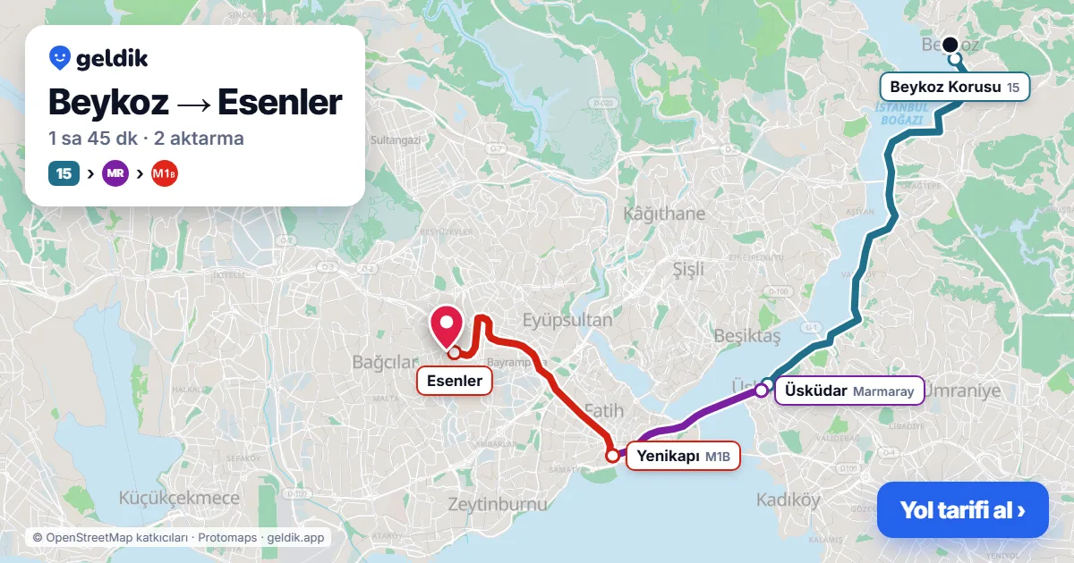 Beykoz – Esenler yol haritası: 15 otobüsü → Marmaray → M1B ile ~1 sa 45 dk
