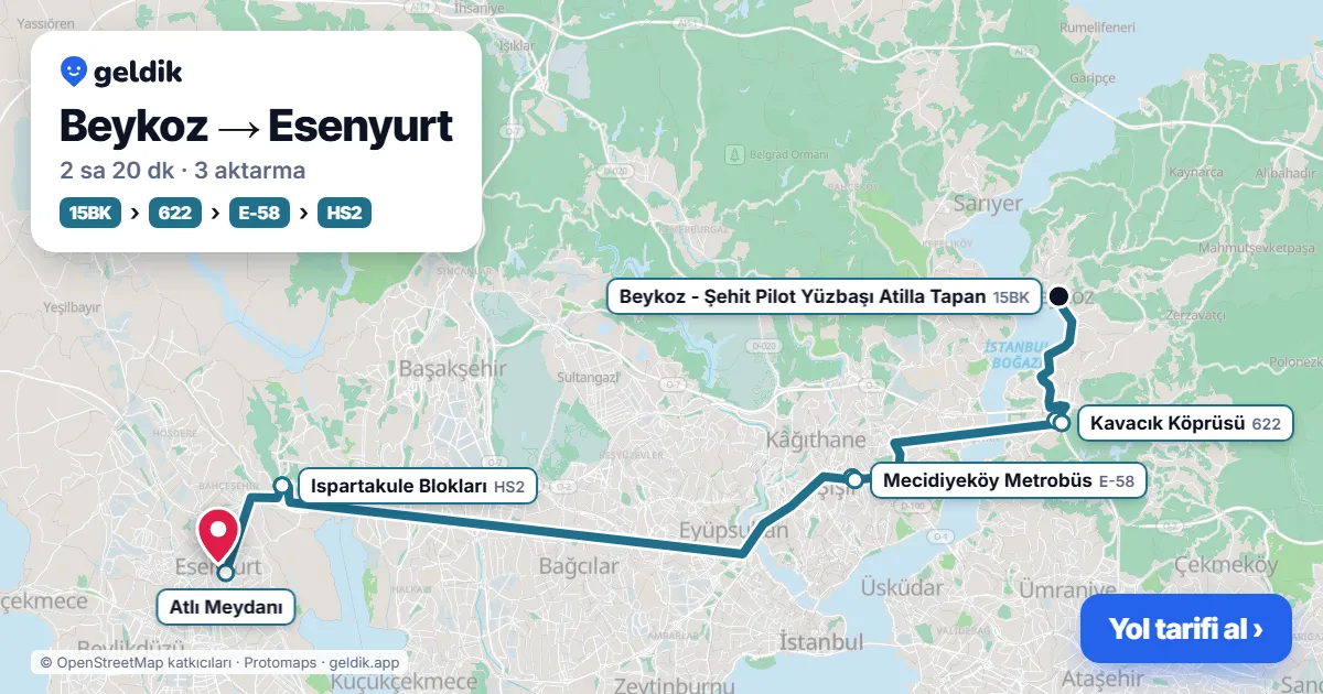 Beykoz – Esenyurt yol haritası: 15BK otobüsü → 622 otobüsü → E-58 otobüsü → HS2 otobüsü ile ~2 sa 21 dk