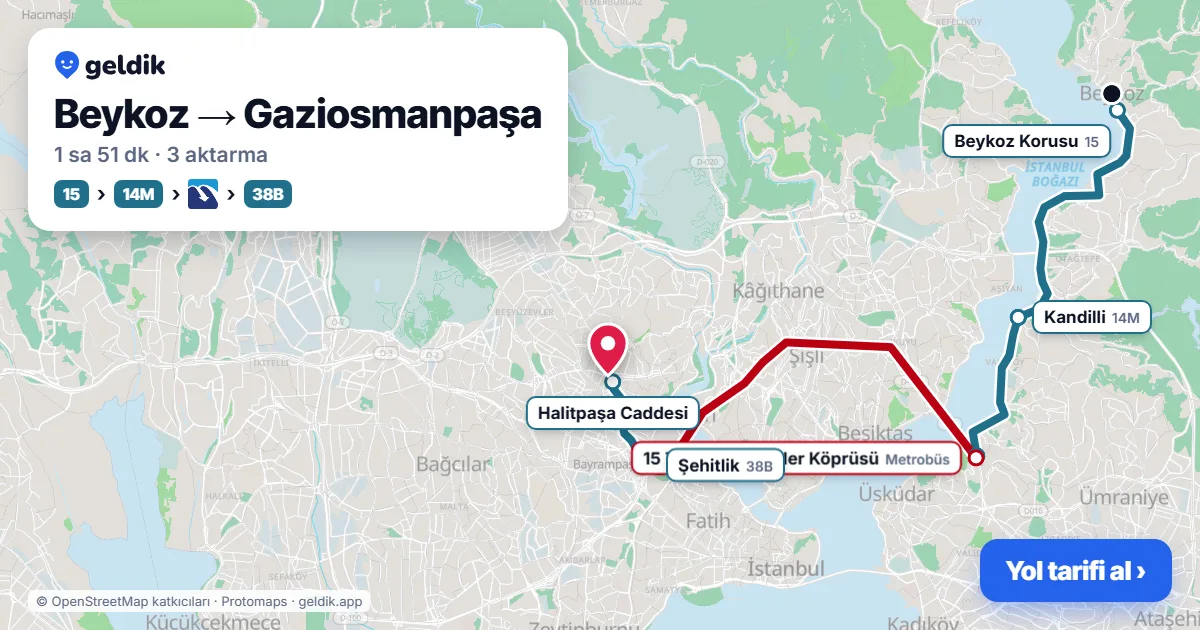 Beykoz – Gaziosmanpaşa yol haritası: 15BK otobüsü → 500T otobüsü → 500L otobüsü → 55 otobüsü ile ~1 sa 48 dk