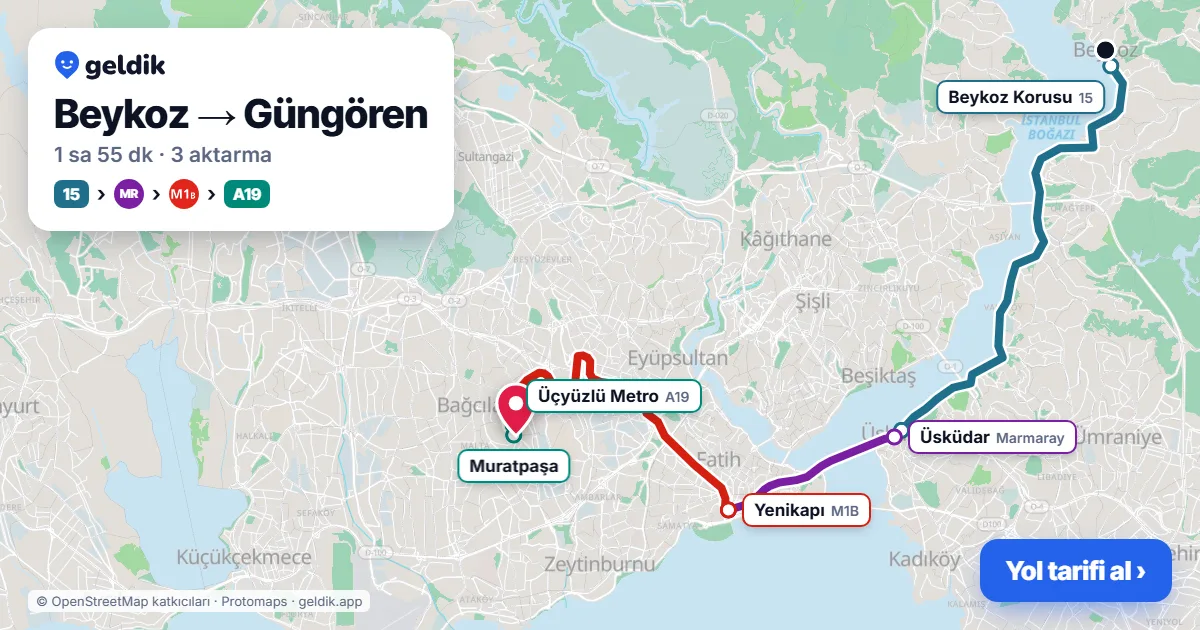 Beykoz – Güngören yol haritası: 15 otobüsü → Marmaray → M1B → A19 minibüsü ile ~1 sa 55 dk