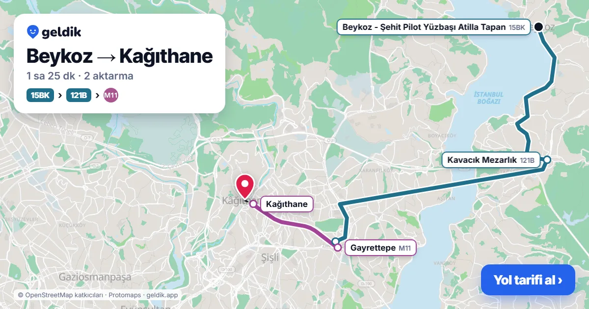 Beykoz – Kağıthane yol haritası: 15BK otobüsü → 500T otobüsü → B46 minibüsü ile ~1 sa 19 dk