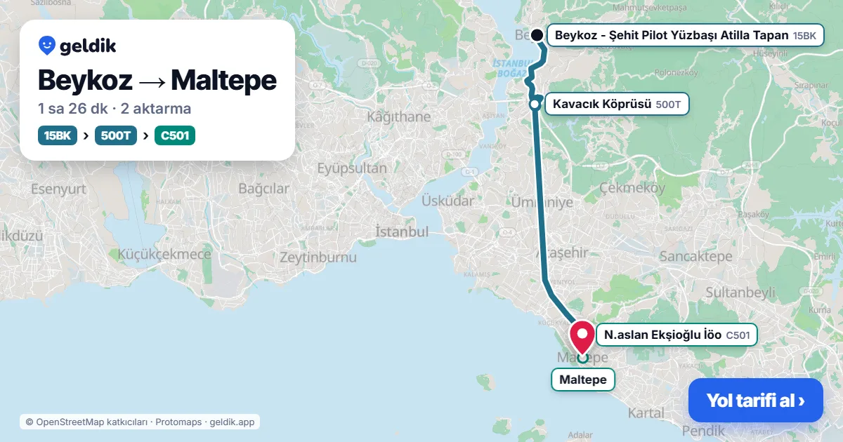 Beykoz – Maltepe yol haritası: 15BK otobüsü → 500T otobüsü → C501 minibüsü ile ~1 sa 26 dk