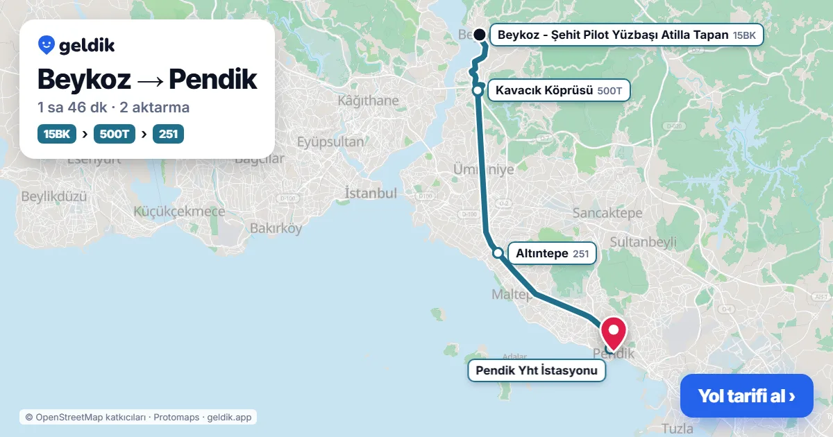 Beykoz – Pendik yol haritası: 15BK otobüsü → 500T otobüsü → 132P otobüsü ile ~1 sa 48 dk
