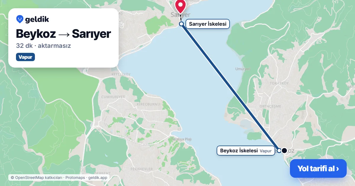 Beykoz – Sarıyer yol haritası: vapur ile ~32 dk